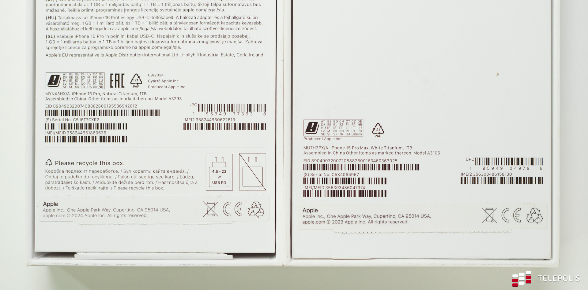 Box with Apple iPhone 15 Pro Max and Apple iPhone 16 Pro