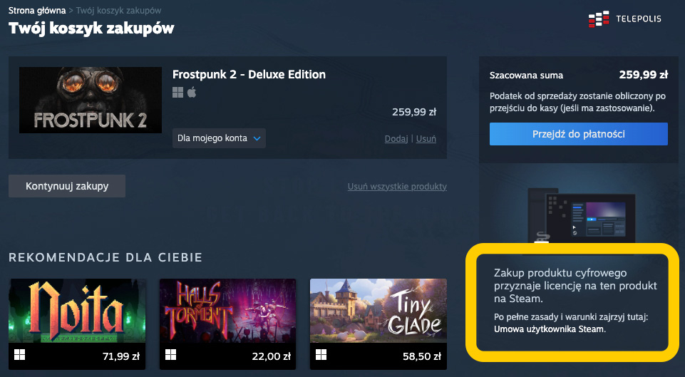 Steam informs you about purchasing a license, not a game