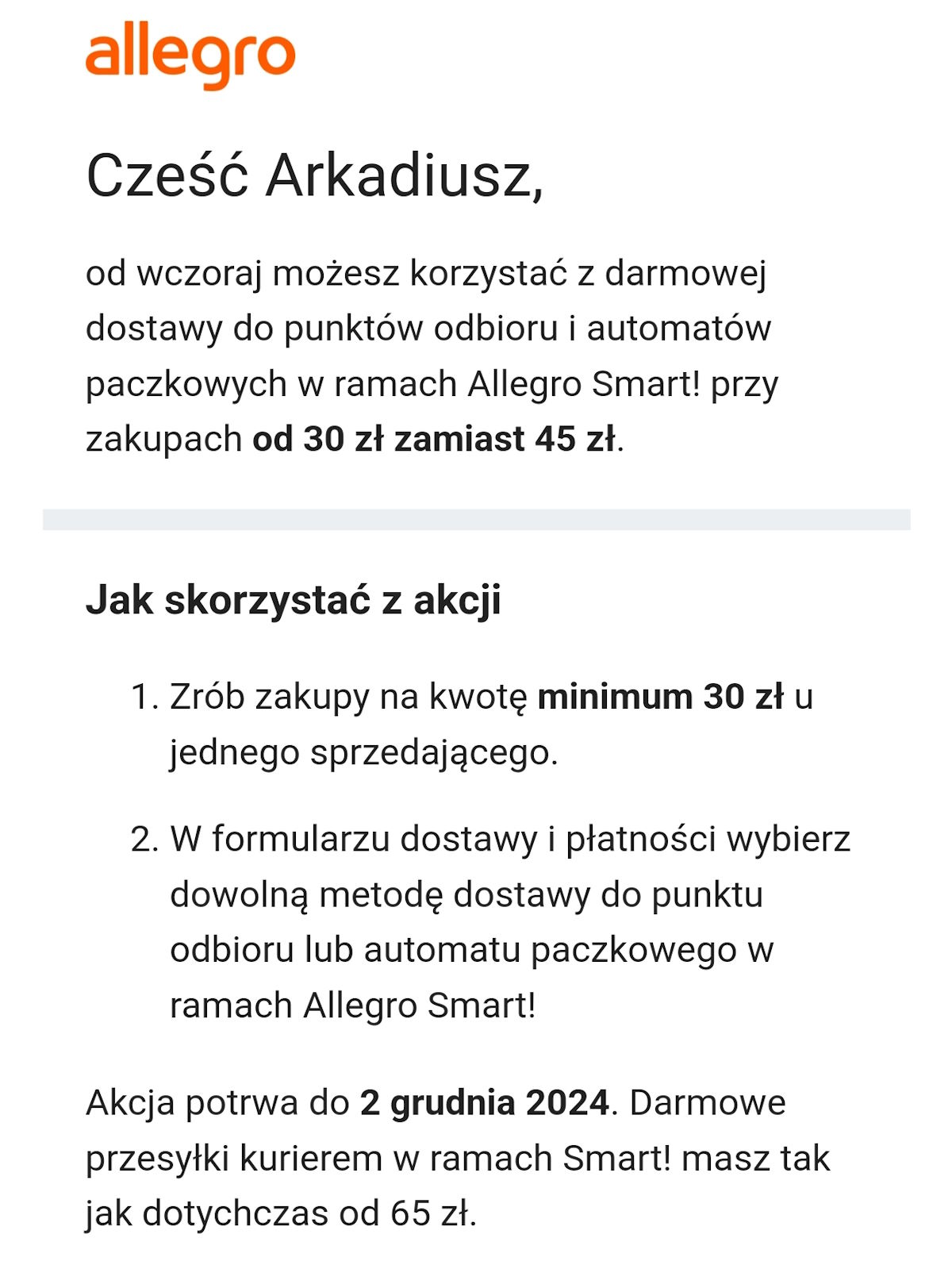 Allegro free Smart delivery from PLN 30